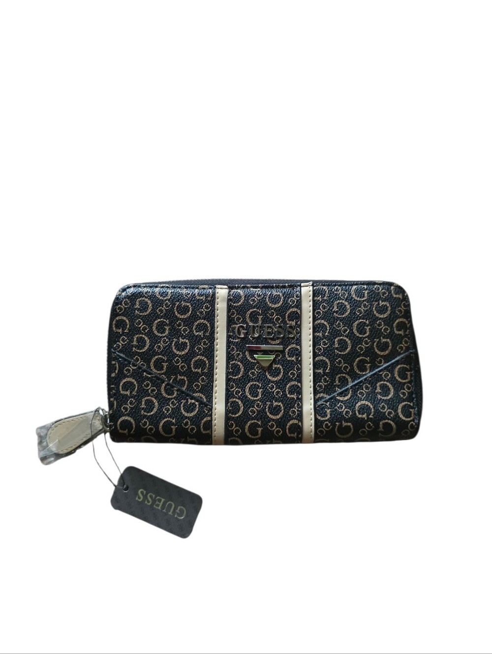 Guess Womens Wallet Logo Black Beige Zip Around nwt